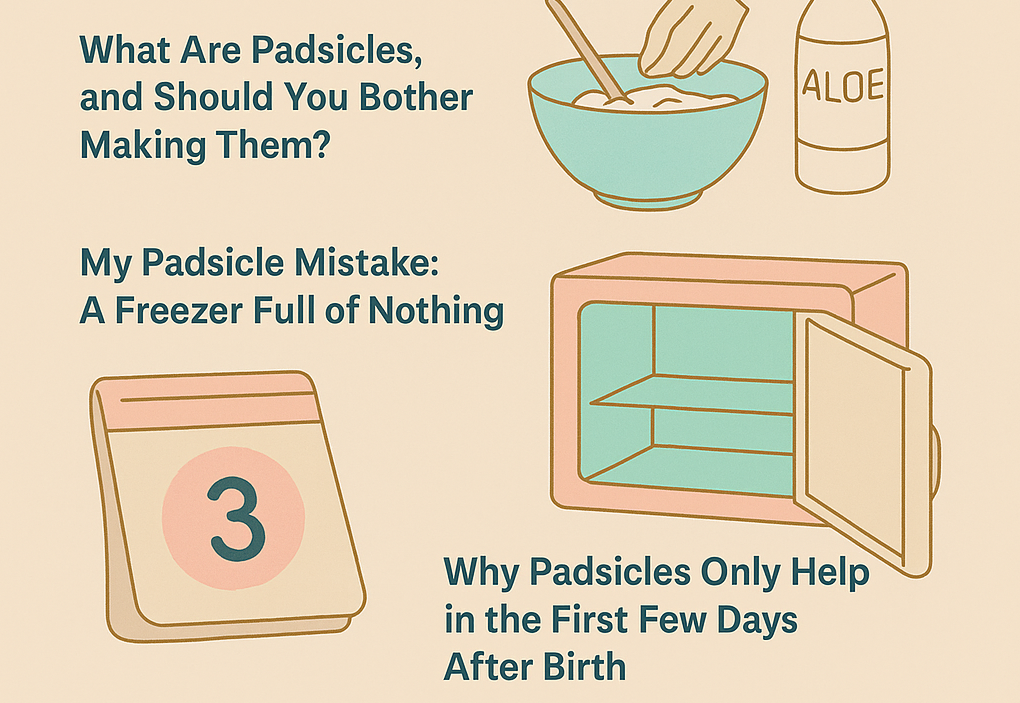 Image about padsicles with quotes "What are they and should you bother making them?", "My padsicle mistake: a freezer full of nothing", and "Why padsicles only help in the first few days after birth?"